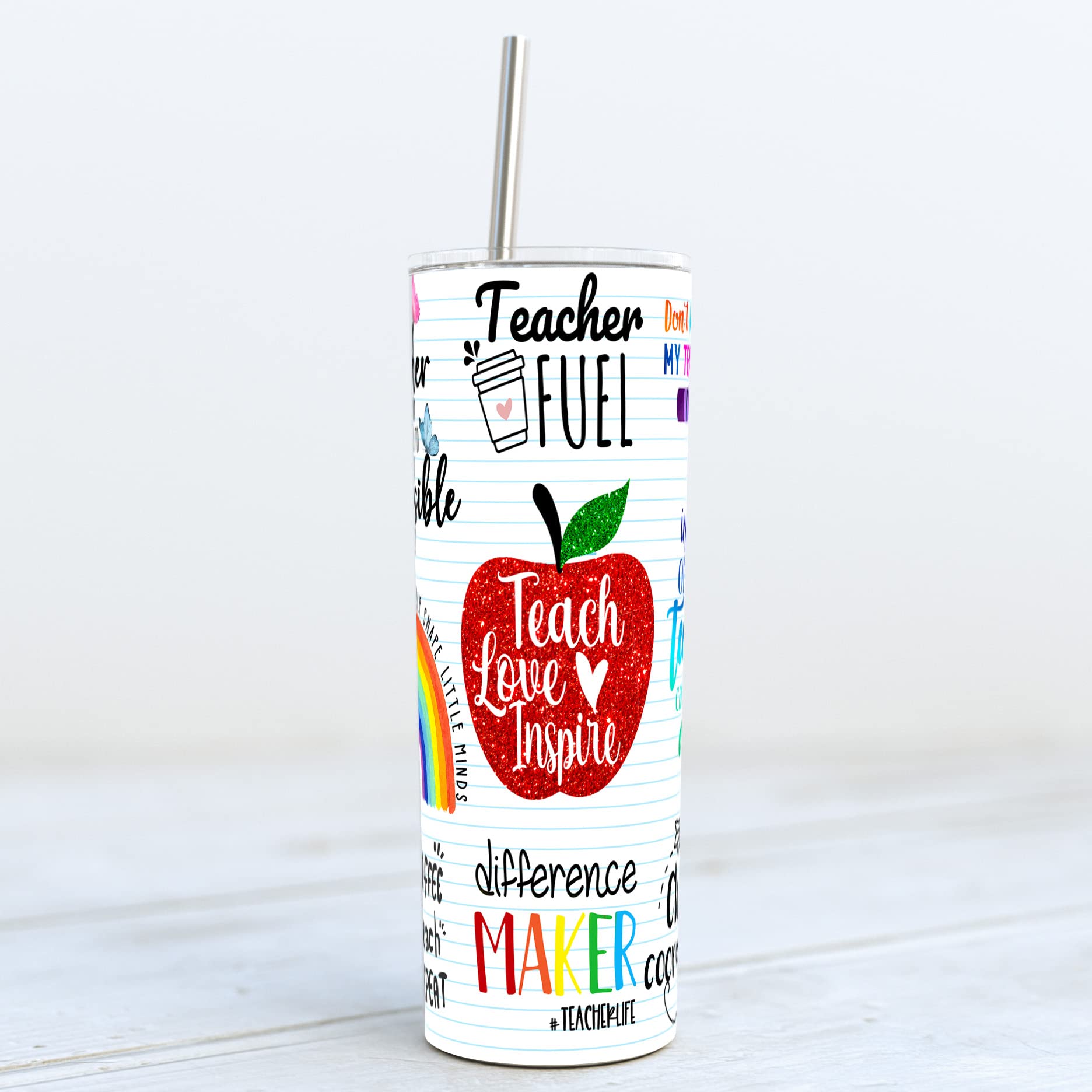 YouNique Designs Teacher Appreciation Coffee Tumbler with Straw and Lid, 20 Oz, Insulated Stainless Steel Skinny Tumbler for Women, Best Teacher Ever Tea Tumbler, Water Tumbler