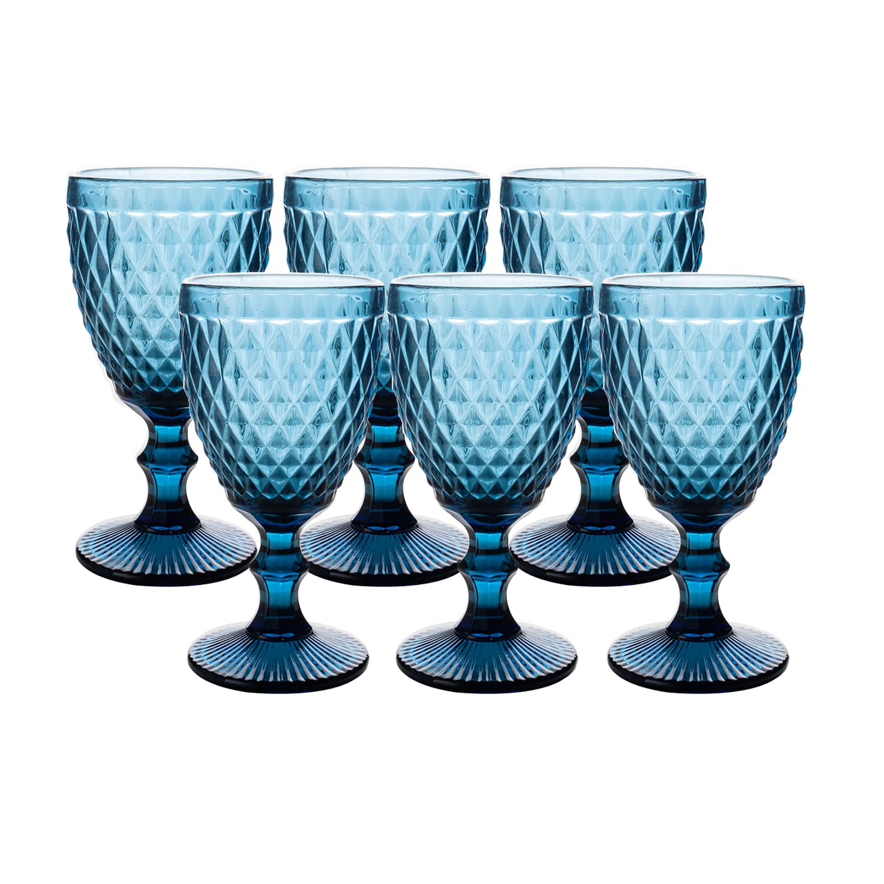 NiLor Colored Glass Goblet Vintage Wine Glasses Set of 6 Diamond Design Pressed Pattern Glassware, Party Glasses, Drinking Glass, Wedding Goblet 12 Ounce - Blue