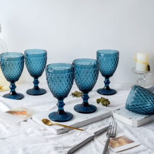 NiLor Colored Glass Goblet Vintage Wine Glasses Set of 6 Diamond Design Pressed Pattern Glassware, Party Glasses, Drinking Glass, Wedding Goblet 12 Ounce - Blue