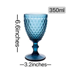 NiLor Colored Glass Goblet Vintage Wine Glasses Set of 6 Diamond Design Pressed Pattern Glassware, Party Glasses, Drinking Glass, Wedding Goblet 12 Ounce - Blue