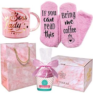 vinakas boss lady gifts for women – 12oz gold pink ceramic boss lady coffee mug with fuzzy and funny socks - fun and colorful gifts for mom. fun boss gifts for women to make her smile