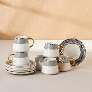 karaca globe turkish coffee cups and saucer for 6 people, 12 pieces, 90 ml espresso turkish coffee demitasse set of 6 cups & saucers made of porcelain, 3 oz espresso&turkish coffee cups with saucers