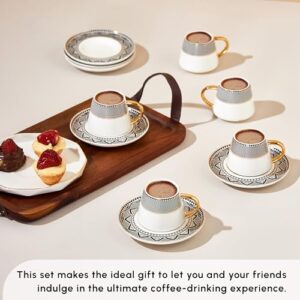 KARACA Globe Turkish Coffee Cups and Saucer for 6 People, 12 Pieces, 90 ml Espresso Turkish Coffee Demitasse Set of 6 Cups & Saucers Made of Porcelain, 3 oz Espresso&Turkish Coffee Cups with Saucers