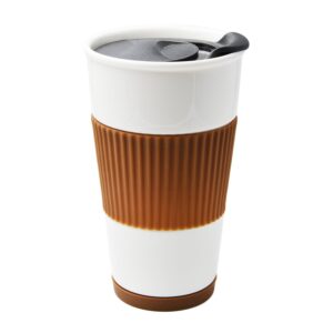 udmg ceramic double wall insulated travel coffee cup with slider lid, silicone sleeve & built-in coaster, 10 fl.oz (coffee)