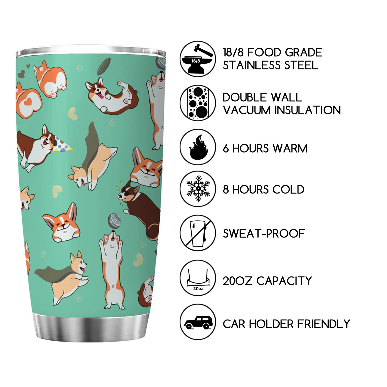 Ynbuyouzhong Corgi 20oz Stainless Steel Tumbler with Lid Cartoon Corgi Bones Vacuum Insulated Drinks Tea Beverages Cup Corgi Dog Lovers Gift Tumblers Corgi Travel Coffee Mugs for Hot and Cold Drinks