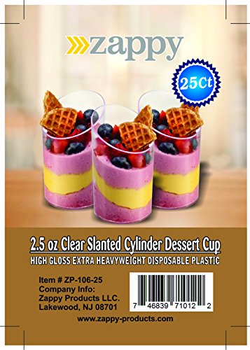 Zappy Elegant Clear Slanted Cylinder Mini Dessert Appetizer Cup 2.5 oz Plastic Tasting/Sample Shot Glasses Parfait Glass/Souffle Jello Tumbler (25 Ct)