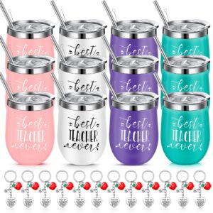24 pcs teacher appreciation gift sets 12 oz teacher wine tumbler for women valentines day gift for teacher thank you gift teacher birthday gifts 12 best teacher ever cup and 12 keychain (multicolor)