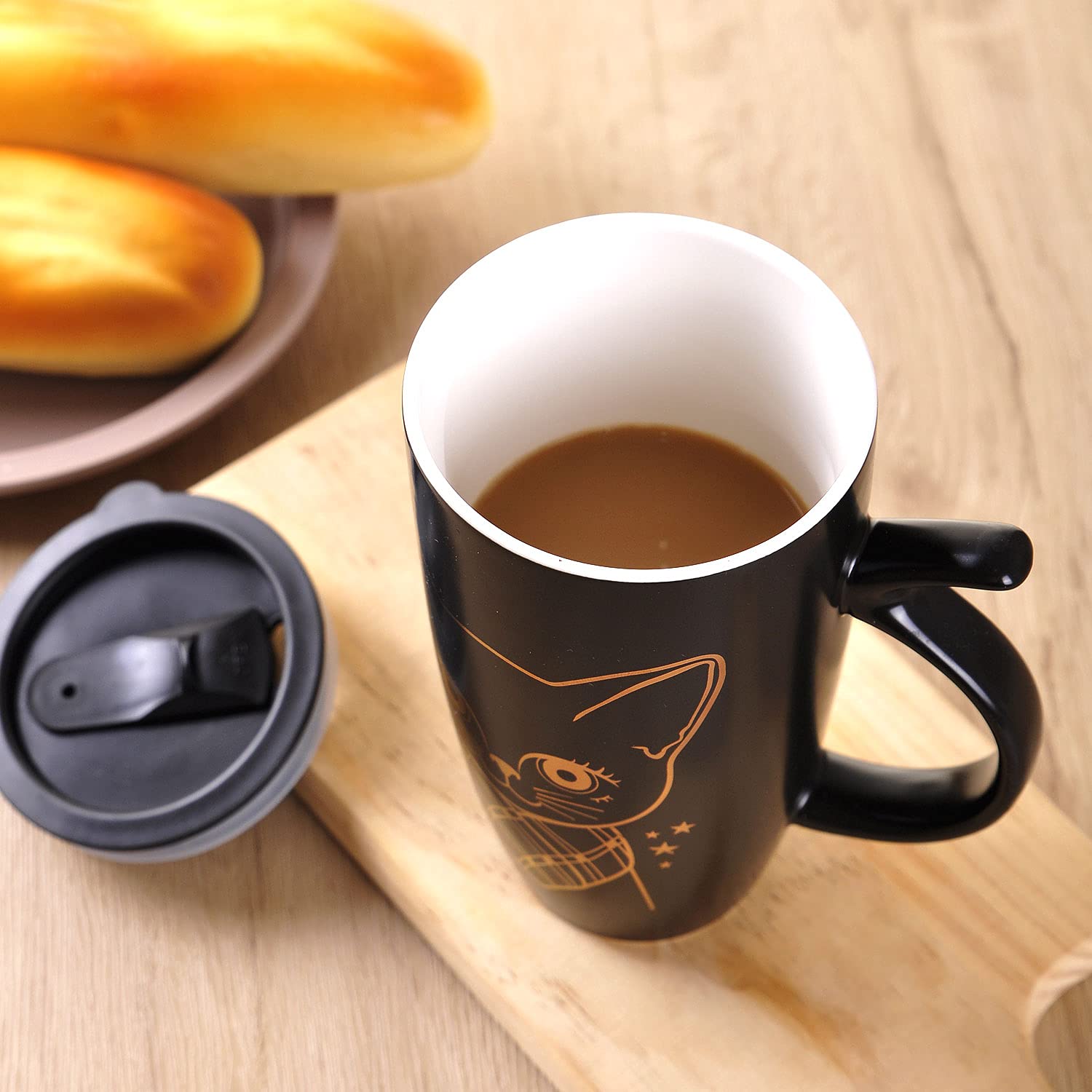 WHJY 20oz Large Black Cute Cat Ceramic Coffee Mug Cup with Splash-proof Lid, Cat Tail Shape Handle, Animal Cat Mug Tumbler (black)