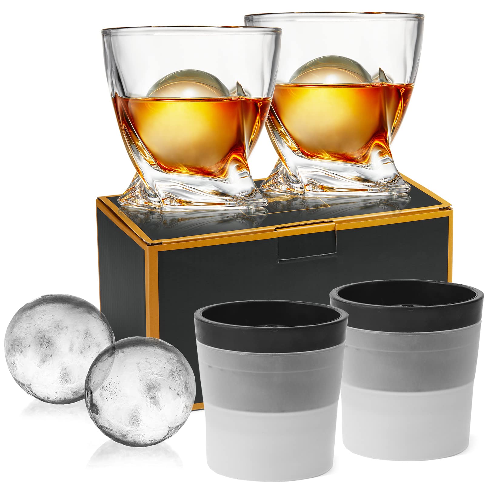 ACOOKEE Bourbon Whiskey Rocks Glasses Gift Set of 4 (2 Glasses+2 Round Large Ice Ball Maker Mold)- 11 Oz Old Fashioned Glass Whisky Gifts for Men, Dad, Brother