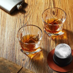 ACOOKEE Bourbon Whiskey Rocks Glasses Gift Set of 4 (2 Glasses+2 Round Large Ice Ball Maker Mold)- 11 Oz Old Fashioned Glass Whisky Gifts for Men, Dad, Brother