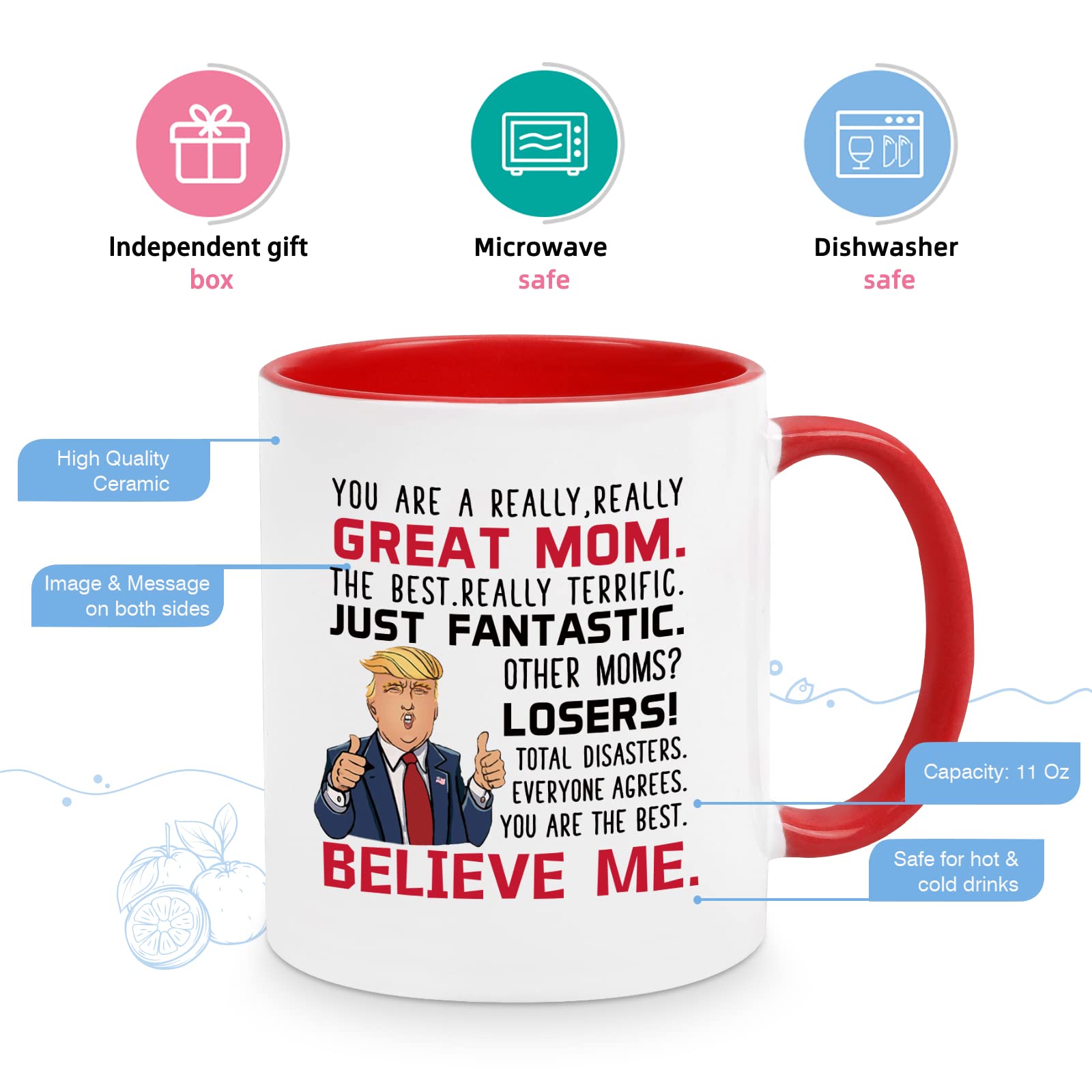 YHRJWN - Gifts for Mom, Great Mom Coffee Mug, Mom Birthday Gifts, Funny Mom Cup Gifts from Daughter Son, Great Mothers Day Gifts Christmas for Mom Mother 11 Oz White(Red Handle)