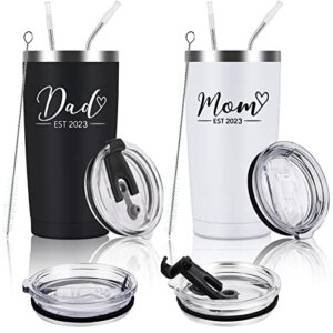 qtencas gifts for parents-mom and dad est 2023 stainless steel insulated travel tumbler set, mom and dad gifts christmas gifts for new parents pregnancy new mom new dad anniversary(20oz, black&white)