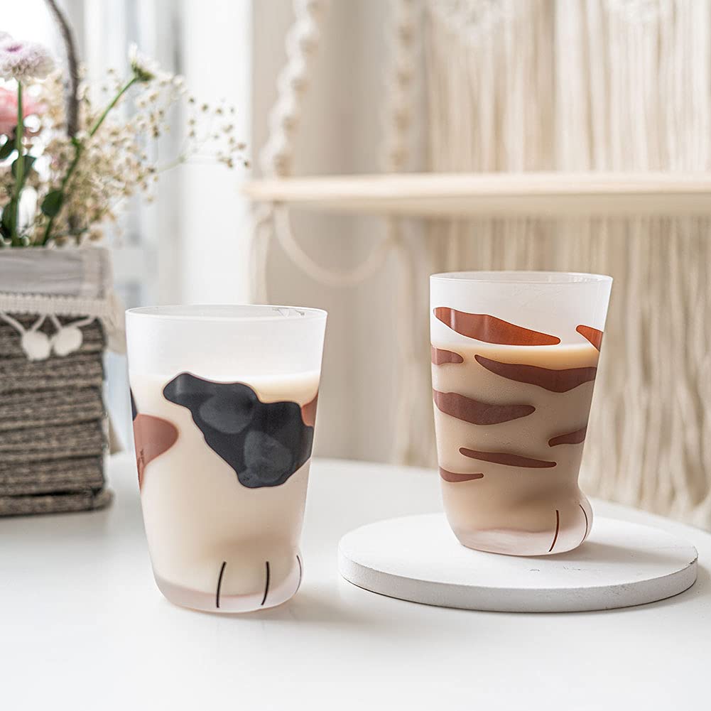 Cat Paw Cup，Cat claw Cup Milk Glass Frosted Glass Cup Cute Cat Foot Claw Print Mug Cat Paw for Coffee Kids Milk Glass Cups Tumbler Personality Breakfast Milk Cup (color 1+color 2)