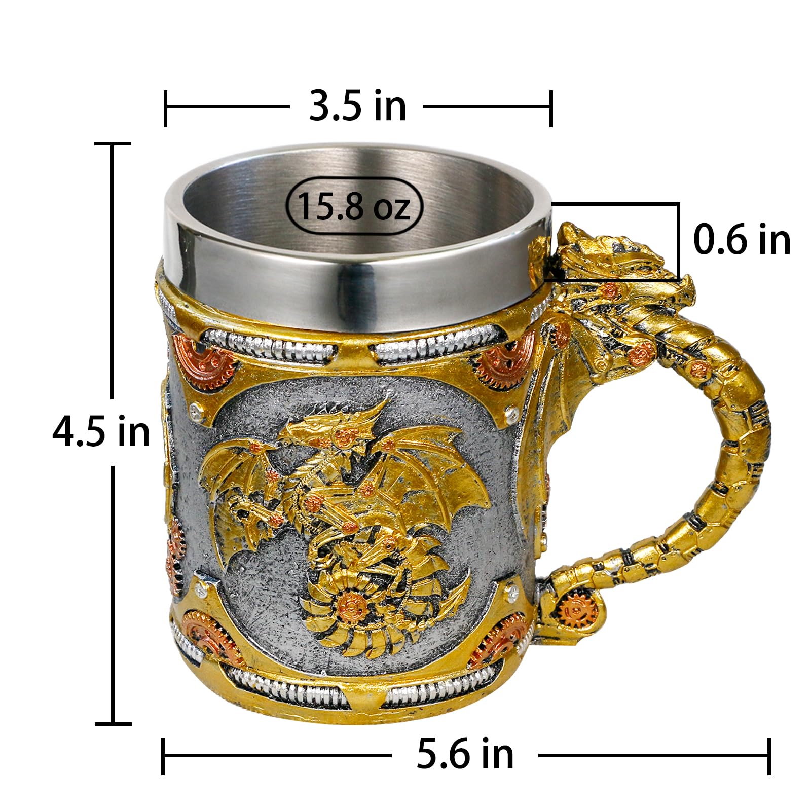 alikiki Medieval Steampunk Dragon Mug - 15.8oz Renaissance Mechanical Dragons Beer Stein Tankard Stainless Coffee Cup Father Day Gift Mug for Dragon Collector Lovers Themed Party Decoration