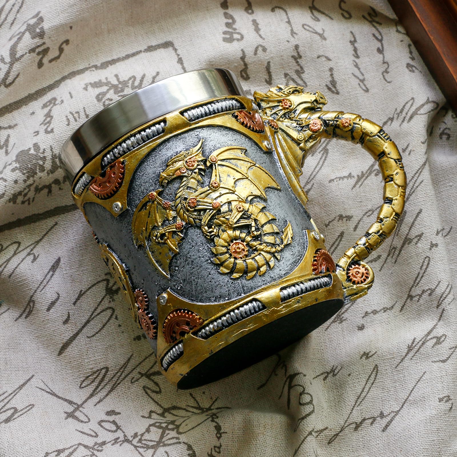 alikiki Medieval Steampunk Dragon Mug - 15.8oz Renaissance Mechanical Dragons Beer Stein Tankard Stainless Coffee Cup Father Day Gift Mug for Dragon Collector Lovers Themed Party Decoration