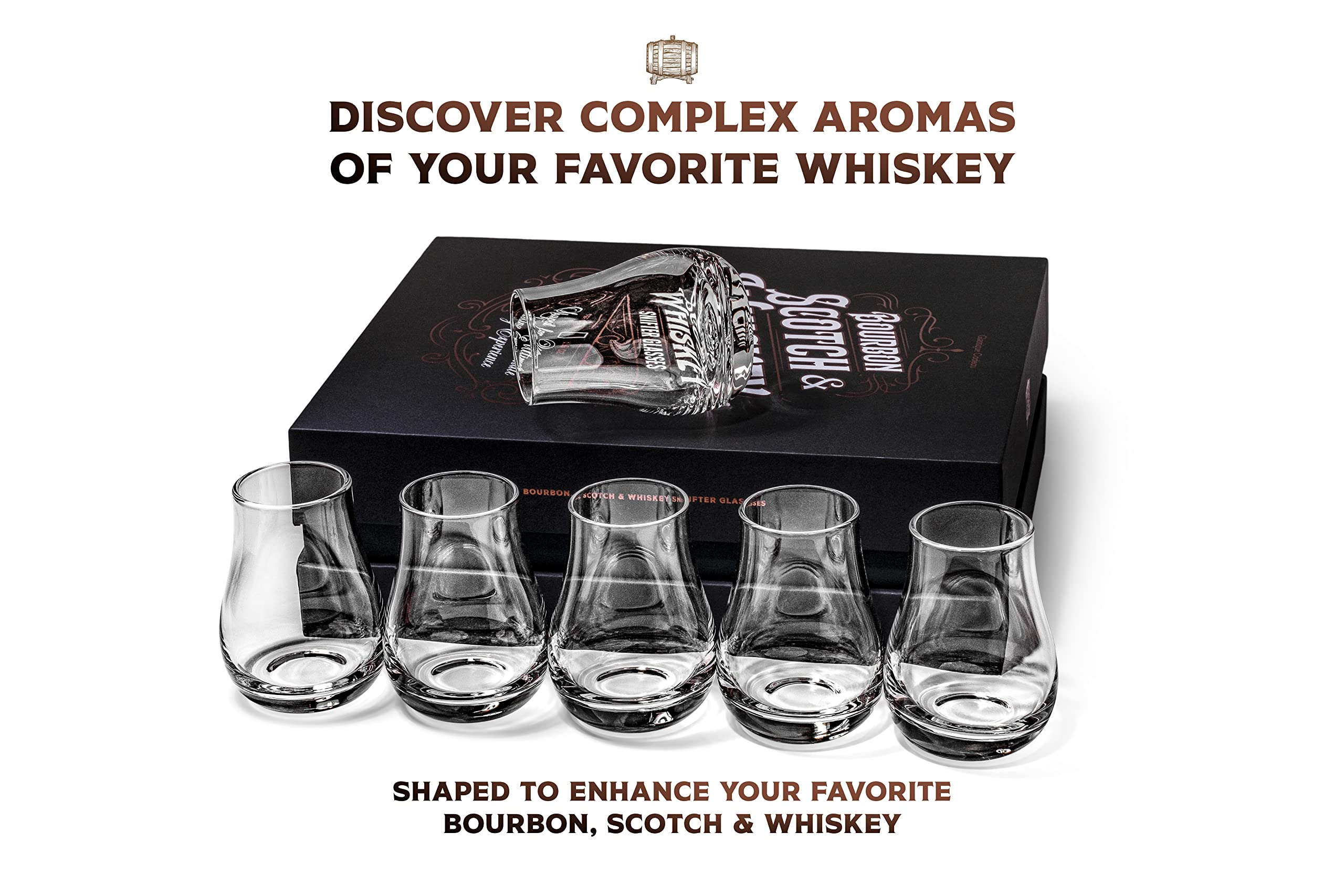 Whiskey, Scotch, Bourbon Tasting Glasses | Set of 6 | Professional 3.5 oz Stemless Tulip Shaped Tasting and Nosing Copitas | Small Crystal Snifters Gift Sniffers for Sipping Neat Liquor