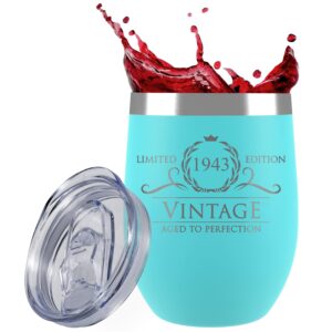 80th birthday gifts for women - 1943 12 oz mint stemless wine tumbler - 80th birthday decorations for women - birthday gifts for 80 year old women mom - funny 80th birthday idea presents for women