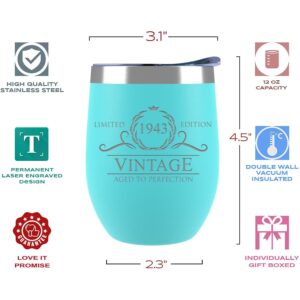 80th Birthday Gifts for Women - 1943 12 oz Mint Stemless Wine Tumbler - 80th Birthday Decorations for Women - Birthday Gifts for 80 Year Old Women Mom - Funny 80th Birthday Idea Presents for Women