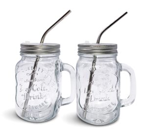 home suave mason jar mugs with handle, regular mouth colorful lids with 2 reusable stainless steel straw, set of 2 (silver), kitchen glass 16 oz jars,refreshing ice cold drink & dishwasher safe