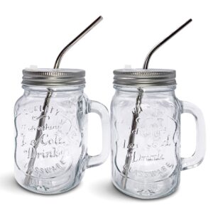 Home Suave Mason Jar Mugs with Handle, Regular Mouth Colorful Lids with 2 Reusable Stainless Steel Straw, Set of 2 (Silver), Kitchen GLASS 16 oz Jars,Refreshing Ice Cold Drink & Dishwasher Safe