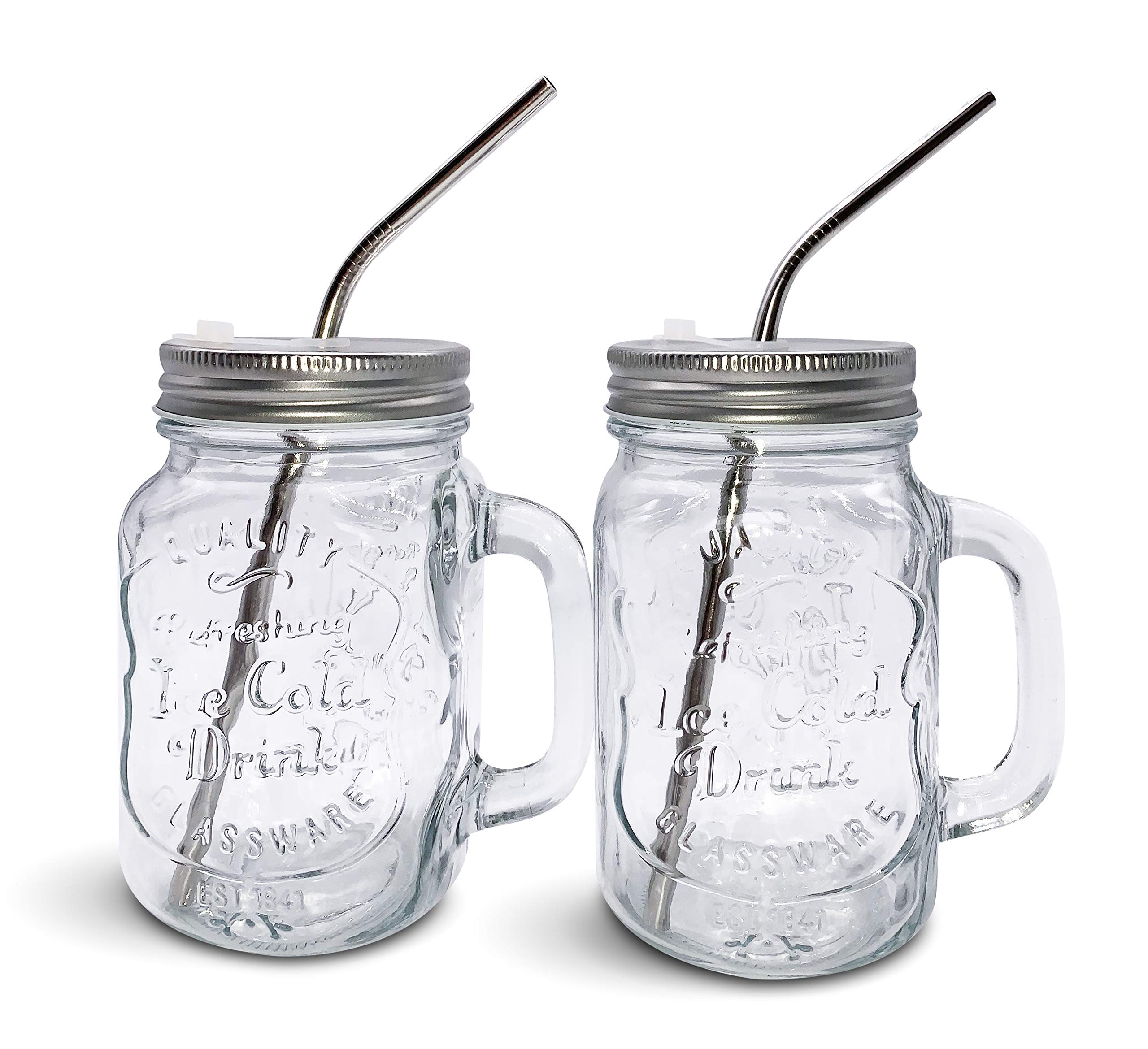 Home Suave Mason Jar Mugs with Handle, Regular Mouth Colorful Lids with 2 Reusable Stainless Steel Straw, Set of 2 (Silver), Kitchen GLASS 16 oz Jars,Refreshing Ice Cold Drink & Dishwasher Safe