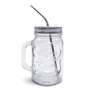 Home Suave Mason Jar Mugs with Handle, Regular Mouth Colorful Lids with 2 Reusable Stainless Steel Straw, Set of 2 (Silver), Kitchen GLASS 16 oz Jars,Refreshing Ice Cold Drink & Dishwasher Safe