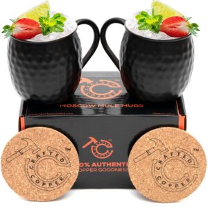moscow mule copper mugs - set of 2 | 100% pure copper food safe 16oz handcrafted mule cups with coaster for beer, wine, party, cocktail | black antique moscow mule mugs