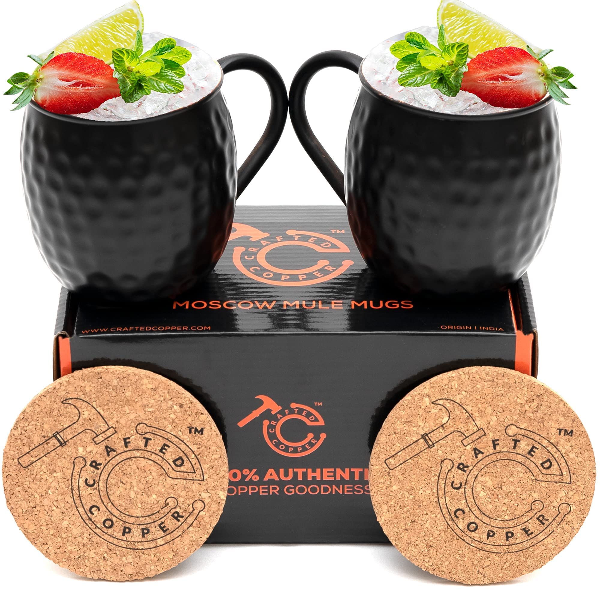 Moscow Mule Copper Mugs - Set Of 2 | 100% Pure Copper Food Safe 16oz Handcrafted Mule Cups With Coaster For Beer, Wine, Party, Cocktail | Black Antique Moscow Mule Mugs