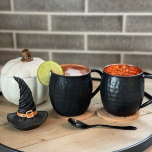 Moscow Mule Copper Mugs - Set Of 2 | 100% Pure Copper Food Safe 16oz Handcrafted Mule Cups With Coaster For Beer, Wine, Party, Cocktail | Black Antique Moscow Mule Mugs