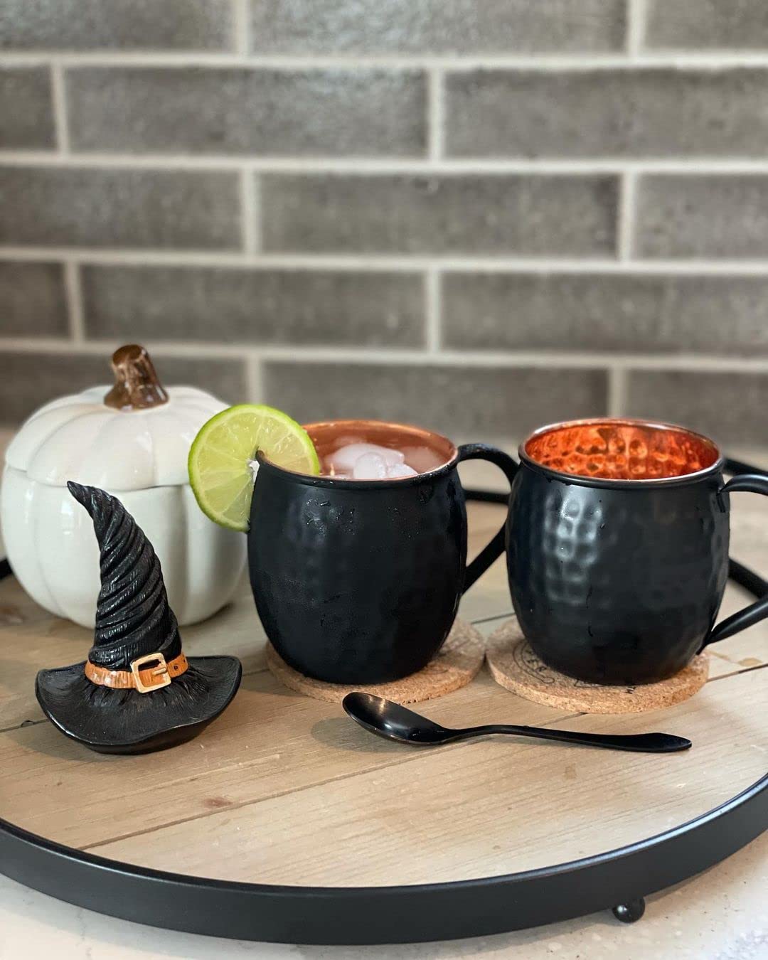 Moscow Mule Copper Mugs - Set Of 2 | 100% Pure Copper Food Safe 16oz Handcrafted Mule Cups With Coaster For Beer, Wine, Party, Cocktail | Black Antique Moscow Mule Mugs