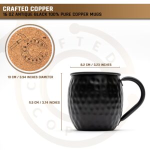 Moscow Mule Copper Mugs - Set Of 2 | 100% Pure Copper Food Safe 16oz Handcrafted Mule Cups With Coaster For Beer, Wine, Party, Cocktail | Black Antique Moscow Mule Mugs