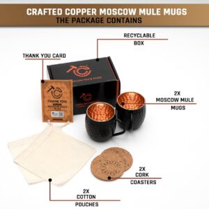 Moscow Mule Copper Mugs - Set Of 2 | 100% Pure Copper Food Safe 16oz Handcrafted Mule Cups With Coaster For Beer, Wine, Party, Cocktail | Black Antique Moscow Mule Mugs