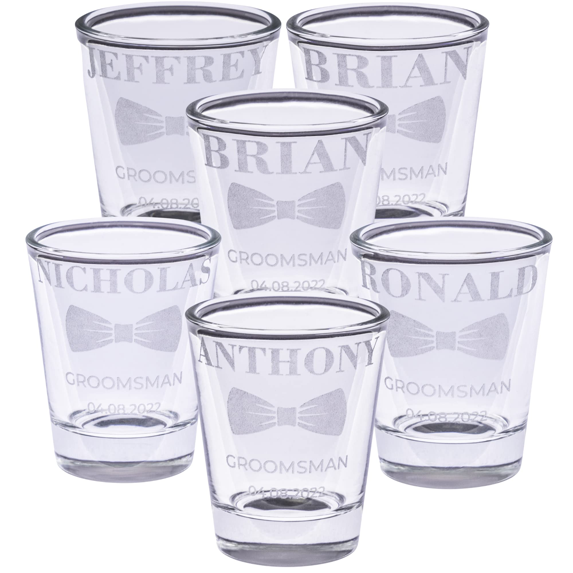 Personalized Shot Glasses Set of 6 – Groomsmen Glasses Drinking Set – Custom Drinking Glasses – Engraved Shot Glass Gifts for Men, Wedding, Best Man, Anniversary