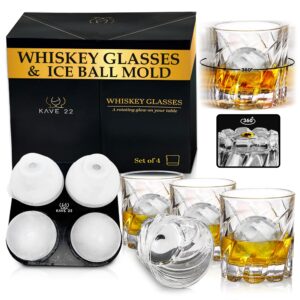 kave 22 spinning whiskey glasses - elegant bourbon glasses with ice ball mold - thick, scotch glasses set of 4 - luxurious gift for whisky enthusiasts, old-fashioned rotating glass