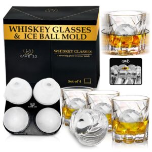 KAVE 22 Spinning Whiskey Glasses - Elegant Bourbon Glasses with Ice Ball Mold - Thick, Scotch Glasses Set of 4 - Luxurious Gift for Whisky Enthusiasts, Old-Fashioned Rotating Glass