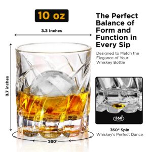 KAVE 22 Spinning Whiskey Glasses - Elegant Bourbon Glasses with Ice Ball Mold - Thick, Scotch Glasses Set of 4 - Luxurious Gift for Whisky Enthusiasts, Old-Fashioned Rotating Glass