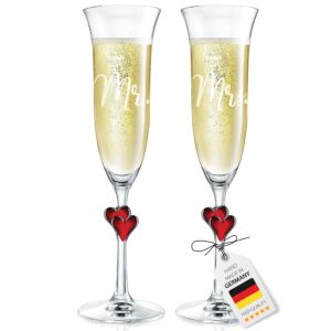 champagne flutes set of 2-6 oz european mr and mrs champagne glasses with red hearts, bride and broom champagne flutes, bridal shower gift, wedding gifts, engagement gifts for couples