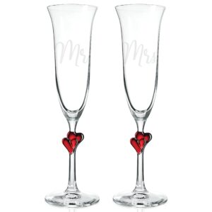 Champagne Flutes Set of 2-6 oz European Mr and Mrs Champagne Glasses with Red Hearts, Bride and Broom Champagne Flutes, Bridal Shower Gift, Wedding Gifts, Engagement Gifts for Couples