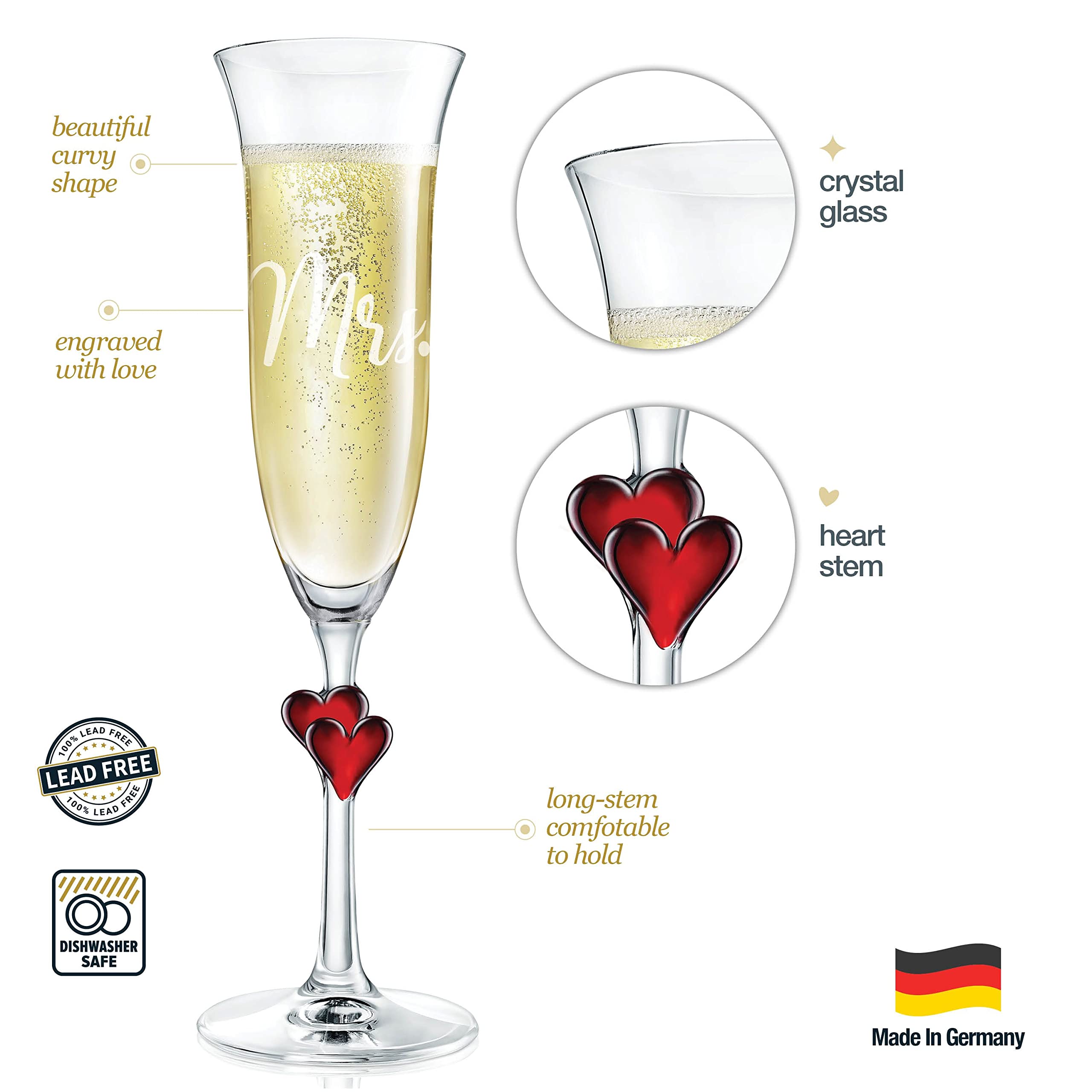 Champagne Flutes Set of 2-6 oz European Mr and Mrs Champagne Glasses with Red Hearts, Bride and Broom Champagne Flutes, Bridal Shower Gift, Wedding Gifts, Engagement Gifts for Couples