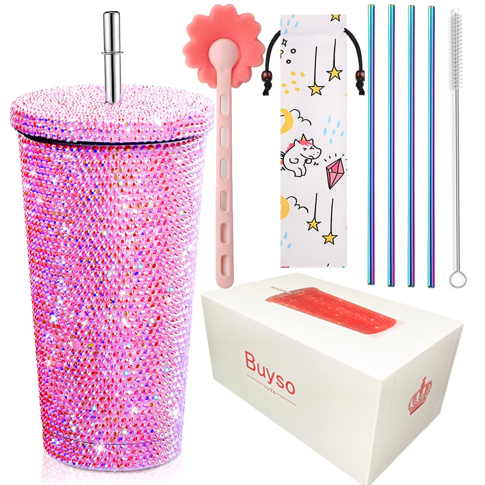 Buyso Studded Diamond Tumbler Bling Rhinestone Glitter Thermal with Lid Reusable Insulated Stainless Steel Bling Premium Vacuum Cup Aesthetic Water Bottle Gift (Pink, 16.9 oz / 500 ml)