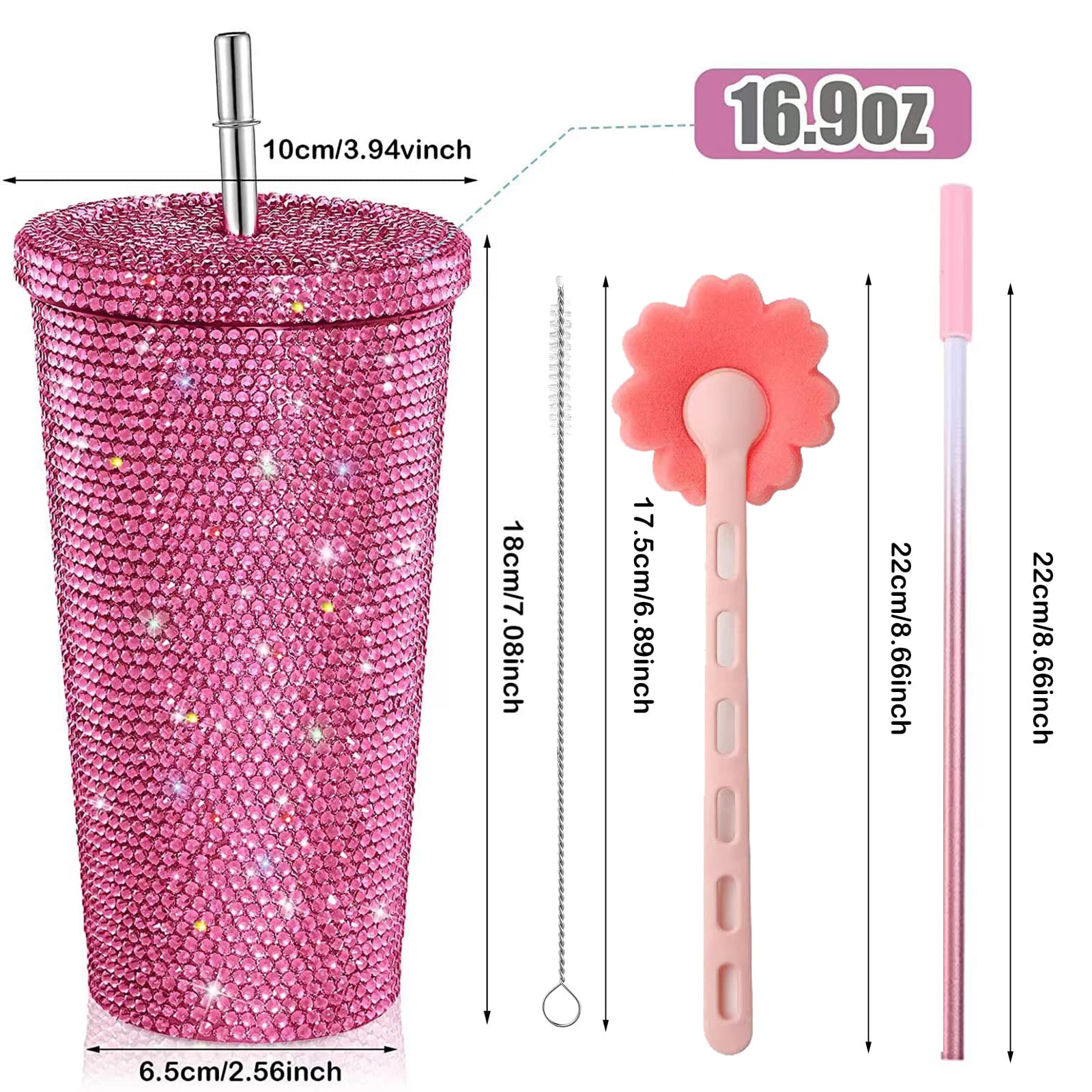 Buyso Studded Diamond Tumbler Bling Rhinestone Glitter Thermal with Lid Reusable Insulated Stainless Steel Bling Premium Vacuum Cup Aesthetic Water Bottle Gift (Pink, 16.9 oz / 500 ml)