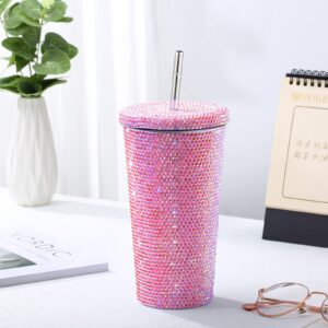 Buyso Studded Diamond Tumbler Bling Rhinestone Glitter Thermal with Lid Reusable Insulated Stainless Steel Bling Premium Vacuum Cup Aesthetic Water Bottle Gift (Pink, 16.9 oz / 500 ml)