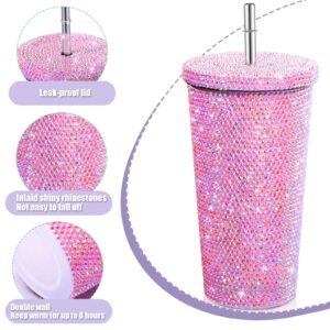 Buyso Studded Diamond Tumbler Bling Rhinestone Glitter Thermal with Lid Reusable Insulated Stainless Steel Bling Premium Vacuum Cup Aesthetic Water Bottle Gift (Pink, 16.9 oz / 500 ml)