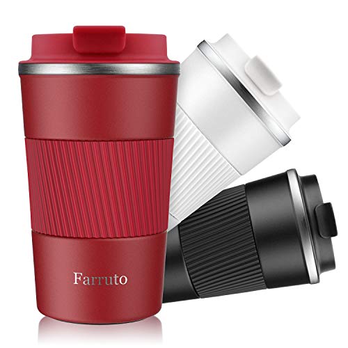 Farruto Travel Mugs - Stainless Steel Reusable Coffee Mugs with Silicone Cup Drag 100% Leakproof 13oz 380ml Travel Mug Car Mugs for Coffee, Milk, Tea etc. (Red)