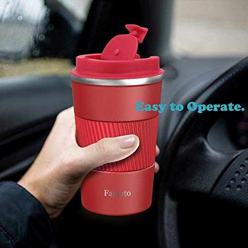 Farruto Travel Mugs - Stainless Steel Reusable Coffee Mugs with Silicone Cup Drag 100% Leakproof 13oz 380ml Travel Mug Car Mugs for Coffee, Milk, Tea etc. (Red)