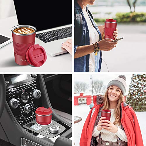 Farruto Travel Mugs - Stainless Steel Reusable Coffee Mugs with Silicone Cup Drag 100% Leakproof 13oz 380ml Travel Mug Car Mugs for Coffee, Milk, Tea etc. (Red)