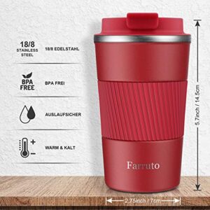 Farruto Travel Mugs - Stainless Steel Reusable Coffee Mugs with Silicone Cup Drag 100% Leakproof 13oz 380ml Travel Mug Car Mugs for Coffee, Milk, Tea etc. (Red)