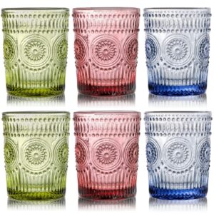 kingrol 6 pack 9.5 oz colored water glasses, vintage drinking glasses tumblers, premium glassware set for juice, beverages, beer, cocktail