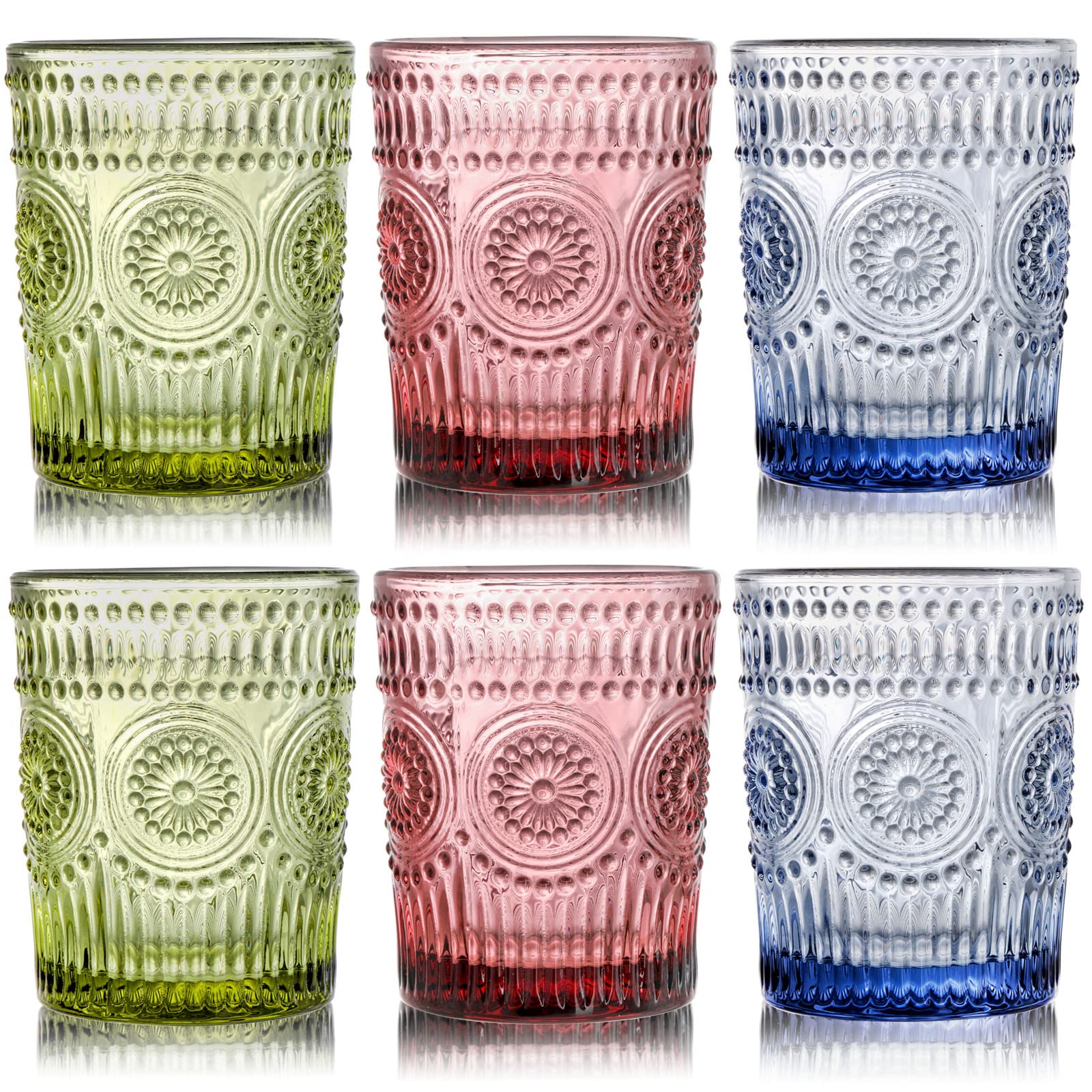 Kingrol 6 Pack 9.5 oz Colored Water Glasses, Vintage Drinking Glasses Tumblers, Premium Glassware Set for Juice, Beverages, Beer, Cocktail