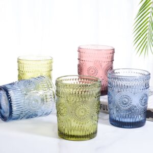 Kingrol 6 Pack 9.5 oz Colored Water Glasses, Vintage Drinking Glasses Tumblers, Premium Glassware Set for Juice, Beverages, Beer, Cocktail